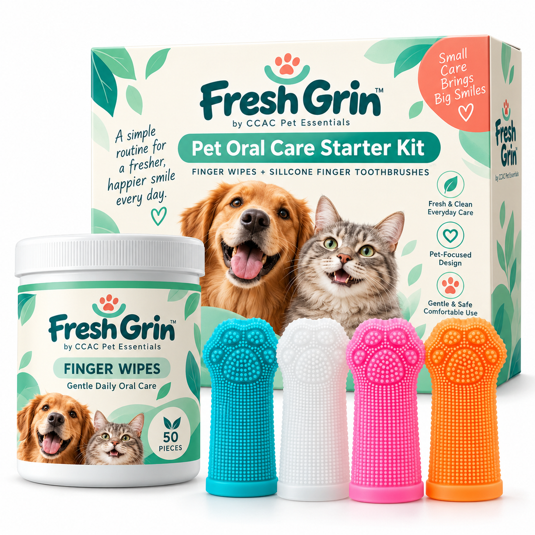 Pet Dental Care Kit: Finger Wipes &amp; Silicone Toothbrush
