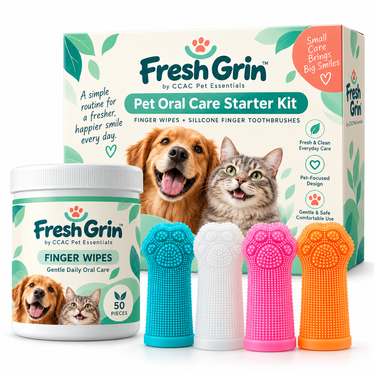 Pet Dental Care Kit: Finger Wipes &amp; Silicone Toothbrush